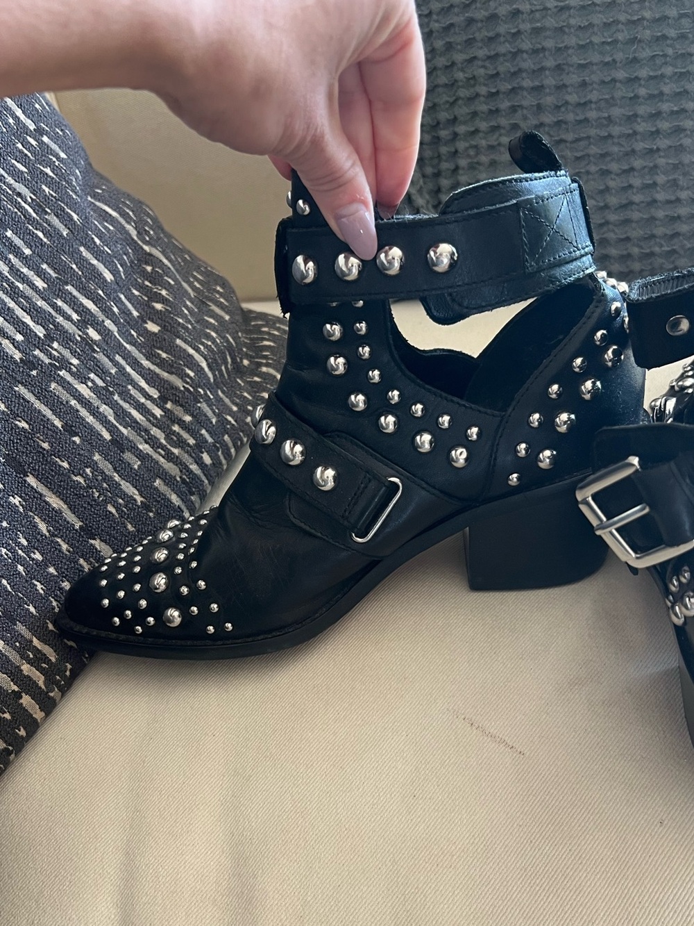 Black Studded Ankle Boots with Buckle Strap - Picture 3 of 13